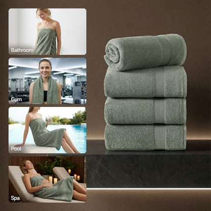 REDKISS Bath Towels 4-Pack, 100% Cotton, Thick Plush & Highly Absorbent, 27.5" x 55" for Shower, Spa & Home - color: Gray Green