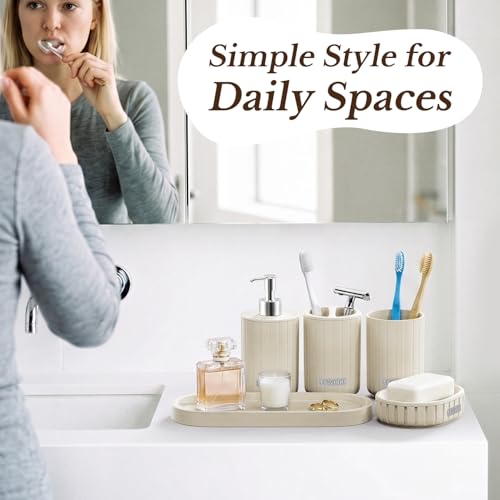 Bathroom Accessories Set 5 Piece, Cream Bathroom Set with Soap Dispenser, Soap Dish, Bathroom Vanity Tray, Toothbrush Holder and Toothbrush Cup, Modern Bathroom Accessory Set for Countertop