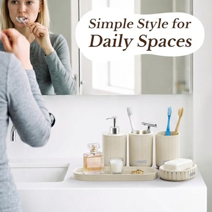 Bathroom Accessories Set 5 Piece, Cream Bathroom Set with Soap Dispenser, Soap Dish, Bathroom Vanity Tray, Toothbrush Holder and Toothbrush Cup, Modern Bathroom Accessory Set for Countertop
