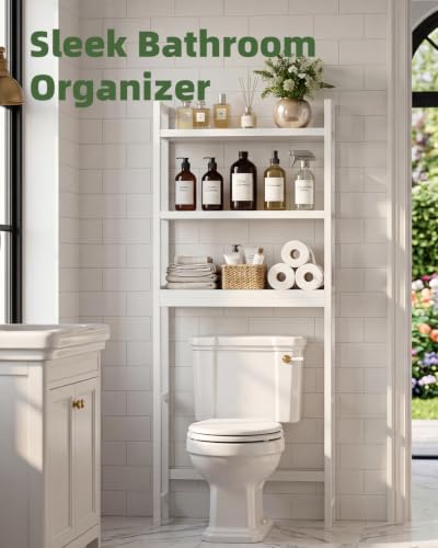 SMIBUY Bathroom Storage Shelf, Bamboo Over-The-Toilet Organizer Rack, Freestanding Toilet Space Saver with 3-Tier Adjustable Shelves (White) - color: White