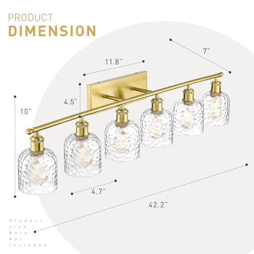 zeyu 42.2'' Modern Bathroom Gold Light Fixture, 6 Light Bathroom Lighting Fixtures Over Mirror Bedroom, Brushed Gold Finish with Clear Hammered Glass, ZJF63B-6W BG - color: Brushed Gold|Hammered Glass, size: 6-Light