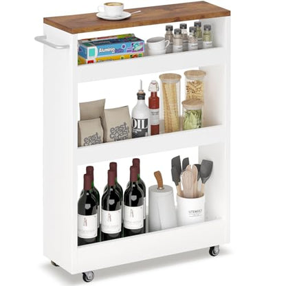 TEAMIX Wood 4-Tier Slim Rolling Storage Cart, 7.9"W, 24.8"D, 36.7"H, White | Height Adjustable, 360°Swivel Wheels, Deeper & Taller, Use as Narrow Kitchen Cart, Laundry Organizer Between Washer & Dryer - color: White