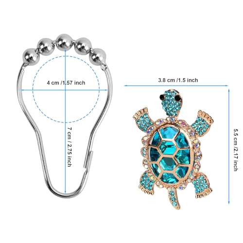 Sapphire Sea Turtle Decorative Shower Curtain Hooks Set,12 PCS,Roller Ball, Stainless Steel,Cute Ocean Animal Decor, Beach Shower Rings,Rustproof,Bathroom, Blue & Golden & Rhinestone