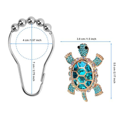 Sapphire Sea Turtle Decorative Shower Curtain Hooks Set,12 PCS,Roller Ball, Stainless Steel,Cute Ocean Animal Decor, Beach Shower Rings,Rustproof,Bathroom, Blue & Golden & Rhinestone
