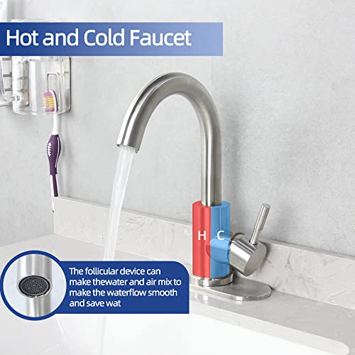 Brushed Nickel Bathroom Sink Faucet - Single Hole, Modern Single Handle Commercial Stainless Steel Bar Faucet with Drain - color: Brushed Nickel, size: With drain
