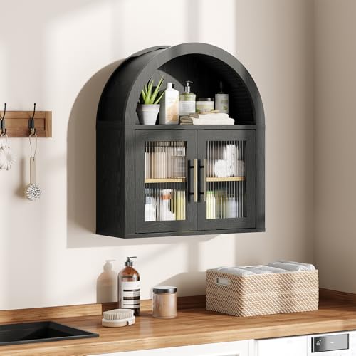Maupvit Arched Bathroom Wall Cabinet, 23.6''W Modern Floating Medicine Cabinets with Fluted Glass Doors & Gold Handles, Space-Saving Over the Toilet Storage Cabinet for Bathroom Kitchen Laundry Room
