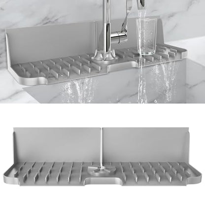 17” x 5.5” Silicone Faucet Handle Drip Catcher Tray Mat, Silicone Faucet Mat Dish Soap Sponge Holder for Kitchen Sink, Drying Mat for Kitchen Counter Bathroom Kitchen Sink Splash Guard - Grey - size: 17” Grey