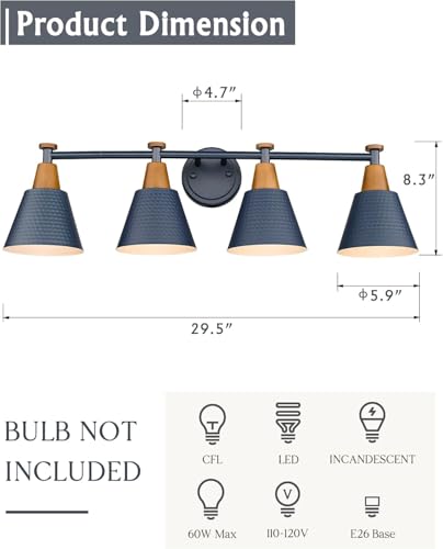 FEMILA 4-Light Bathroom Light Fixtures, Farmhouse Modern Vanity Lights Wall Lamp with Hammered Metal Shade Finish, Dark Blue, 4FG59B-4W Blue - color: Navy Blue, size: 30"