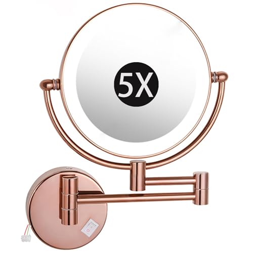 8" Wall Mounted Lighted Makeup Mirror, Hardwired Double Sided LED Magnifying Extended Arm 360° Swivel Bathroom Vanity Mirror,Rose Gold,5X - color: Rose Gold, size: 5X