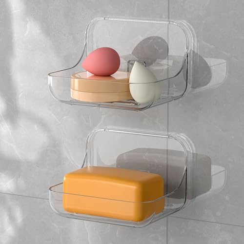 Soap Dish Holder, Wall Mounted Adhesive Soap Holder, No Drilling Shower Soap Sponge Holder for Bathroom Kitchen, Translucent Plastic - color: Clear Soap Holder