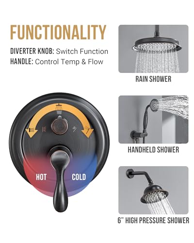 DASAN Antique Dual Shower Head Faucet Set, Oil Rubbed Bronze Dual Rain Shower Head System Complete Double Head Shower Fixture Combo, 9'' & 6'' Dual Rainfall Overhead Shower with Handheld, Valve & Trim - color: Oil Rubbed Bronze