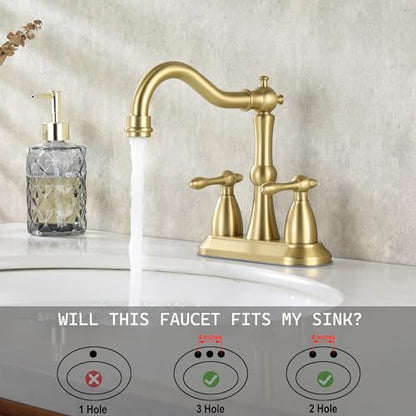 Brushed Gold Bathroom Faucet, Stainless Steel 4 inch Centerset Bathroom Faucet with Drain and Supply Hose, 2 Hole Gold Faucet for Bathroom Sink - color: Brushed Gold