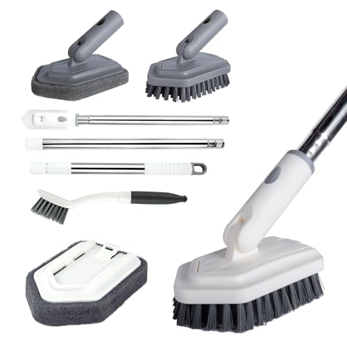 Shower Tile Tub Scrubber Brush with 4 Cleaning Heads,Floor Scrub Brush with 56''Long Handle, Shower Cleaner Brush & Grout Cleaner Brush Set for Shower,Tile, Tub, Bathroom,Kitchen,Walls,Sink
