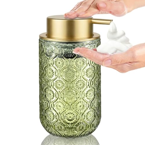 Green and Gold Glass Foaming Hand Soap Dispenser | Matte Gold Pump Embossed Glass Bottle Refillable Bathroom Kitchen Decor 13.5 oz - color: Green and Gold