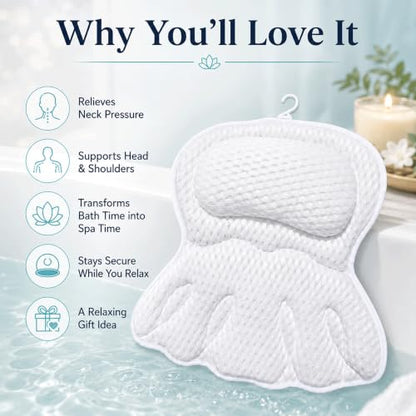 Bath Pillow for Tub, Soft Mesh Bathtub Pillow for Head Neck Back and Shoulder Support, Non-Slip Tub Pillow for Bathtub with 6 Secure Suction Cups and Hanging Hook, Bath Cushion for Soaking Tub