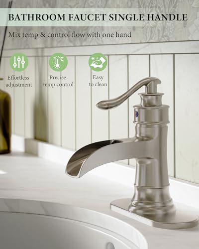 Homevacious Bathroom Faucet Brushed Nickel Waterfall Bathroom Sink Faucets | Single Handle Rustic Vanity Farmhouse RV Faucet Suitable for 1 or 3 Holes with Pop-up Drain Deck Plate Hose by Homevacious - color: Brushed Nickel