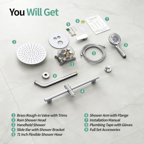 SR SUN RISE Rain Shower Faucet Set - 10 Inch Rain Shower Head with Handheld & Slide Bar Combo Set - Bathroom Wall Mounted Shower Faucet with Valve - Polished Chrome - color: Polished Chrome
