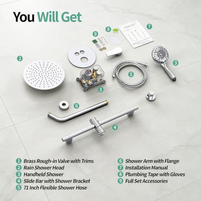 SR SUN RISE Rain Shower Faucet Set - 10 Inch Rain Shower Head with Handheld & Slide Bar Combo Set - Bathroom Wall Mounted Shower Faucet with Valve - Polished Chrome - color: Polished Chrome