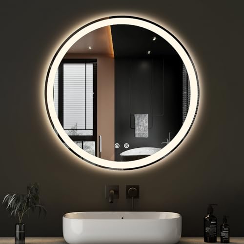 DUMOS 30 Inch Round LED Bathroom Mirror with Lights, Circle Vanity Mirror | Anti-Fog, Dimmable, 3-Color Light, Front Light and Backlit, Memory Function, Tempered Glass - color: Elegant White-round, size: 30"L x 30"W