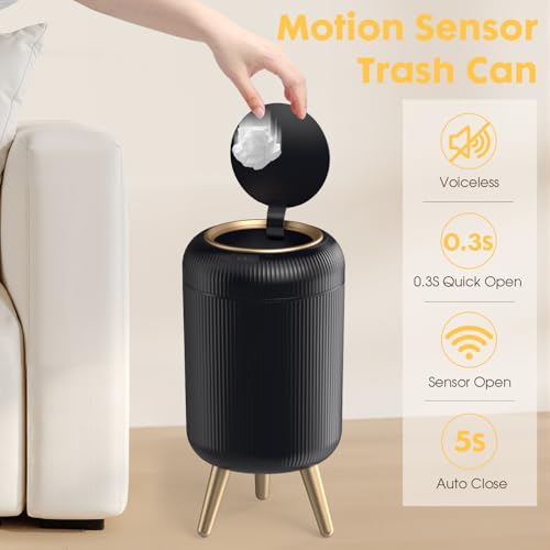 Automatic Motion Sensor Trash Can Bathroom,3 Gallon,Black and Gold | Touchless Trash Bin with Lid and Legs,Auto Diaper Garbage Can,Smalll Plastic Wastebasket for Office,Bedroom,Toilet,Kitchen - color: Black