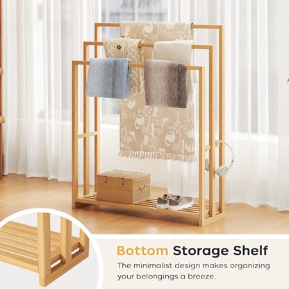 Bamboo Towel Rack Stand, 3 Tier Freestanding Bathroom Towel Drying Rack | 31.5"W × 9.4"D × 39.4"H • Natural • Waterproof • Blanket rack • Blanket holder • Ventilated • Bottom shelf • Anti-tip - color: Natural