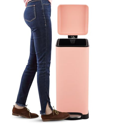 happimess Betty 8 Gal Step Trash Can Soft-Close Lid, Flamingo Pink | Removable Liner, Semi-Rectangular, Steel Pedal, Iron Powder Coated, 27" Height, Non-Skid Base - color: Flamingo Pink
