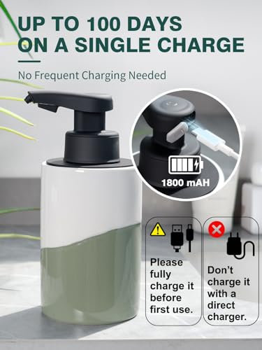 BosilunLife Automatic Soap Dispenser Ceramic Hand Free Soap Dispenser with Waterproof Pump Rechargeable Smart Electric Soap Lotion Dispenser Touchless for Kitchen Bathroom (White-Green, Liquid Pump) - color: White-green(liquid)