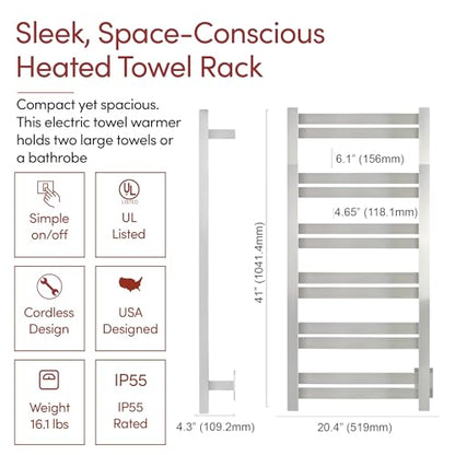 WarmlyYours Grande Heated Towel Rack, 12 Bars, Polished Stainless Steel | Wall-mounted electric towel warmer rack and dryer, 120V hardwired, flat heated bars for towels and bathrobes - color: Polished Stainless Steel, size: 12 Bars