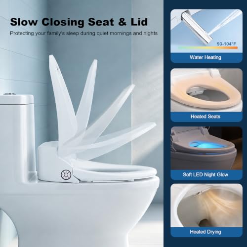 Bidet Toilet Seat 102DS-W, Round, Electronic Heated Seat with Unlimited Warm Water for Home Bathroom, Remote Control, Turbo Wash & Dryer, Night Light, Easy Install - Perfect for Family Use