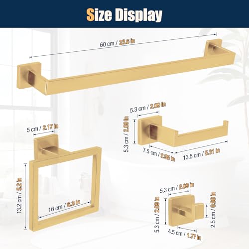 10 Pcs Gold Bathroom Hardware Accessories Set 23.6 Inch Wall Mounted | Bath Towel Bar Kit with Square Towel Racks Ring and Towel Hooks, Paper Holder, 304 Stainless Steel - color: Gold