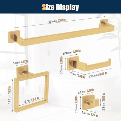 10 Pcs Gold Bathroom Hardware Accessories Set 23.6 Inch Wall Mounted | Bath Towel Bar Kit with Square Towel Racks Ring and Towel Hooks, Paper Holder, 304 Stainless Steel - color: Gold