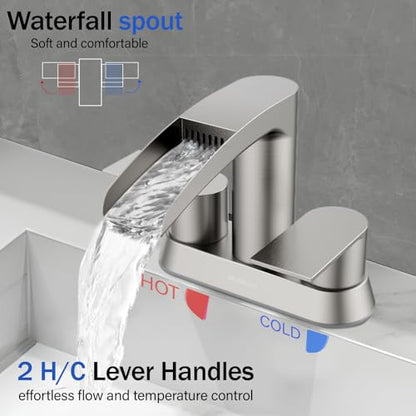 Bathroom Sink Faucet for 3 Hole, Hurran 4 Inch Bathroom Faucets with Pop-up Drain, Stainless Steel 2-Handle Waterfall Faucet for Sink, Brushed Nickel - color: Brushed Nickel