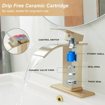 Bathroom Sink Faucet Waterfall Single Handle with Deck Plate | Brushed Gold,Pop Up Drain,Single Hole,Precise Water Adjustment,Rust-resistant Construction,Easy to Clean,Long-lasting Use - color: Brushed Gold, size: Modern Bathroom Sink Faucet