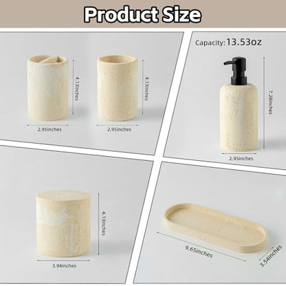 Bathroom Accessories Set, Travertine Stone-Look, 6 PCS, Yellow | Bathroom Accessory Set with Soap Dispenser, Toothbrush Holder, Tumbler, Vanity Tray, Cotton Swab Jars for Countertop - color: Yellow