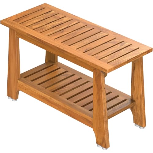 NNN 30" Commercial Heavy Duty Teak Shower Bench, Patented, Non-Slip Stable | with 8 Japan-Made Non-Slip Leveling Feet, Mortise-Tenon Legs 350lb, Pre-Oiled European Teak Oil, Marine-Grade Hardware - size: 30"W x 14" Dx 18"H