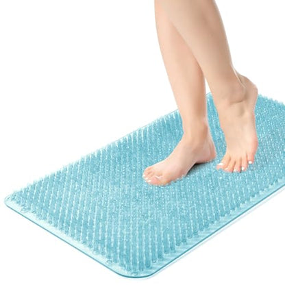 Yolife Shower Foot Scrubber Mat, Anti-Slip Bath Mat with Scrub Bristles, Soft Shower Foot Massager with Strong Suction Cups for Soothe Achy Feet, 25.6" x 13.4" - color: Light Blue, size: 25.6" x 13.4" (Rectangular)