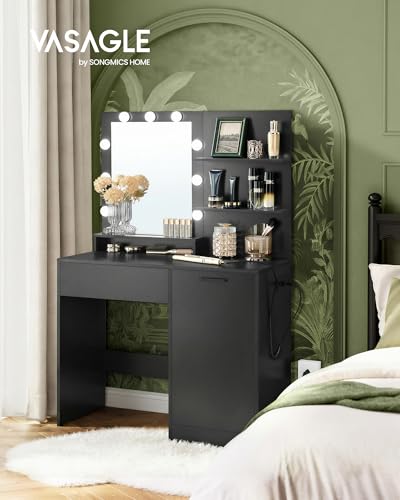 VASAGLE Kailyn Collection - Vanity Desk with Power Outlets and LED Lights, 35.4-Inch Wide Makeup Table with Mirror, Drawer and Cabinet, for Bedroom, Ink Black URDT128C01S - style: 35.4"W 1 Drawer 1 Cabinet Vanity Desk - Ink Black