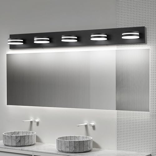 5-Light Bathroom Vanity Light, Modern LED Bathroom Light Fixture Over Mirror, Matte Black Bath Wall Lighting, Dimmable 5500K Vanity Lighting Fixture with 360°Rotable Head - color: Matte Black-Dimmable