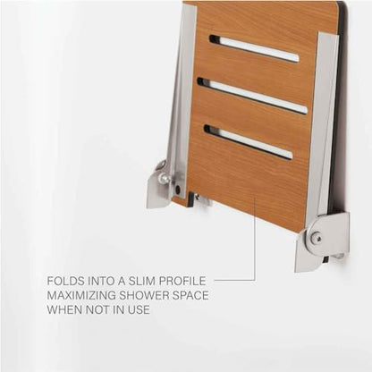 Seachrome 18 inch Silhouette Slimline Folding Wall Mount Shower Bench Seat, Teak Seat with Silver Frame - color: Teak Seat With Silver Frame