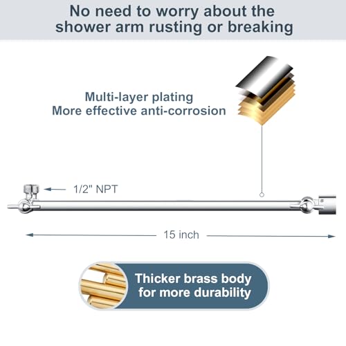 BRIGHT SHOWERS 15 Inch Extra Long Shower Head Extension Arm, Solid Brass Shower Arm Extender with Locking Screw for Rain and Handheld Showerhead, Height & Angle Adjustable, Chrome - color: Chrome, style: 15 Inch