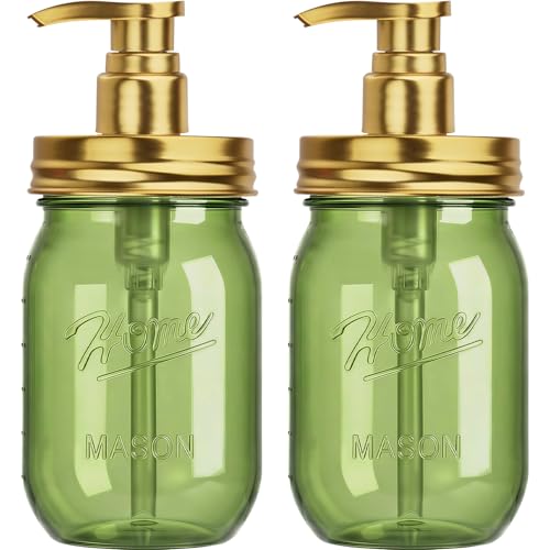 Amolliar Plastic Mason Jar Soap Dispenser with Pump Lid 16OZ -2 Pack Green | Refillable BPA-Free Hand Soap Dispenser Set with Cute Lables, Farmhouse Decor for Kitchen Bathroom Liquid Dish Soap Lotion - color: Green Jar With Gold Pump
