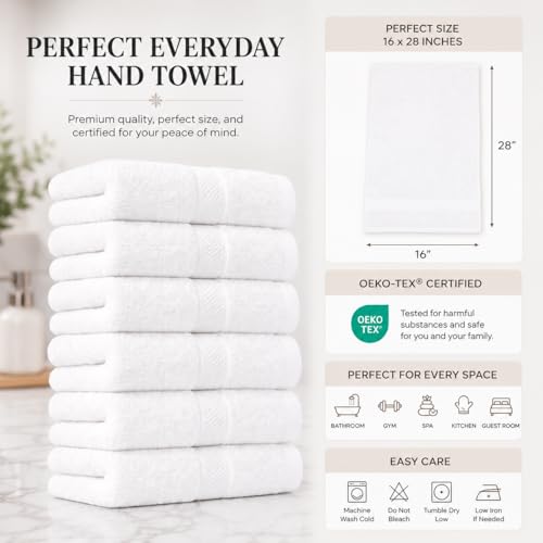 White Hand Towel Pack of 6, 28x16 Inches | Premium 650GSM 100% Ringspun Cotton | Ultra Soft, Thick, Quick-Dry & Highly Absorbent White Hand Towels for Bathroom, Kitchen & Home
