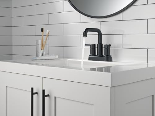 Delta Nicoli Centerset Matte Black Bathroom Faucet, 4 Inch 3 Hole Bathroom Sink Faucet for Vanity, Push-Pop Drain Assembly, Matte Black 25849LF-BL - color: Matte Black