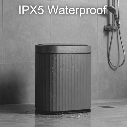 ELPHECO Bathroom Trash Can with Automatic Lid, 2 Gallon, Cement Grey Black | Motion Sensor Garbage Can, IPX5 Waterproof Slim Plastic Wastebasket, Smart Trash Bin for Bedroom, Bathroom and Office - color: Cement Grey Black