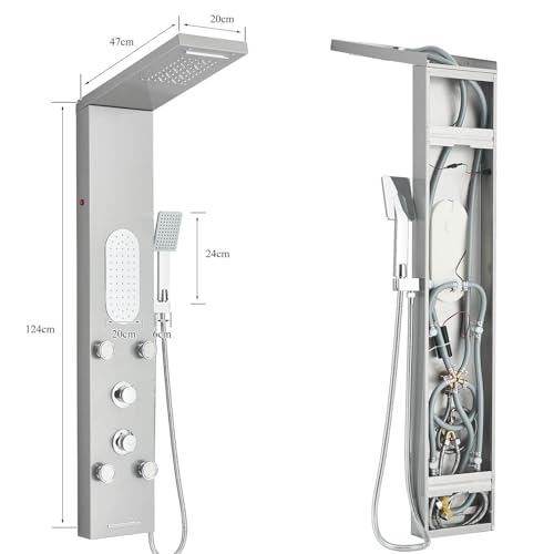 Luxury Shower Tower System with LED Shower Head, 5 Functions Shower Panel Tower System with 4 pcs Body Massage Jets,Stainless Steel Wall Mount Massage Shower Panel Tower System Brushed Nickel - color: Brushed-8125