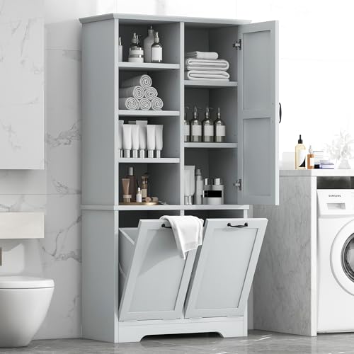 JIVOIT Bathroom Storage Cabinet with Doors and Drawers, Modern 68''H Tall Wood Cabinet with Multiple Storage Space, Three Adjustable Shelf, Open Shelve, Metal Handles (Gray * 149) - color: Gray * 149