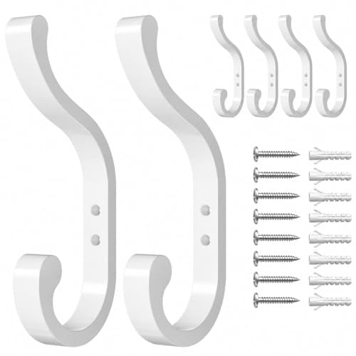 Coat Hooks Wall Mount,Heavy Duty Wall Hooks for Backpack,Towel,White 6 Pack | Large Coat Hangers Holds 30LB, Metal Screw-In Hooks for Door, Closet, Bathroom, Clothes, Purse, Bag, Jacket, Robe - color: White, size: 6 Pack