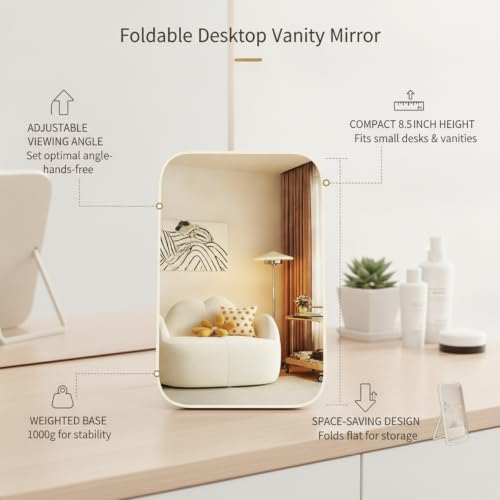 Fits Bedroom and Bathroom Countertops, Foldable Wood Frame Vanity Mirror with Adjustable Angle, Compact Glass Desktop Mirror for Daily Use