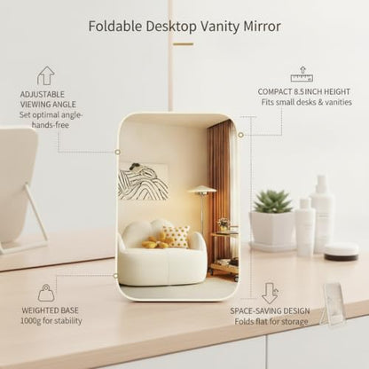 Fits Bedroom and Bathroom Countertops, Foldable Wood Frame Vanity Mirror with Adjustable Angle, Compact Glass Desktop Mirror for Daily Use