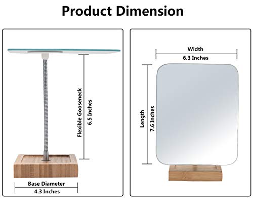 YEAKE Flexible Gooseneck Bamboo Vanity Makeup Mirror,360°Rotation 8" Large Frameless, Folding Portable Table Desk Mirror with Stand for Bathroom Shaving Make Up, Rectangle - size: 11.4"L x 6.3"W